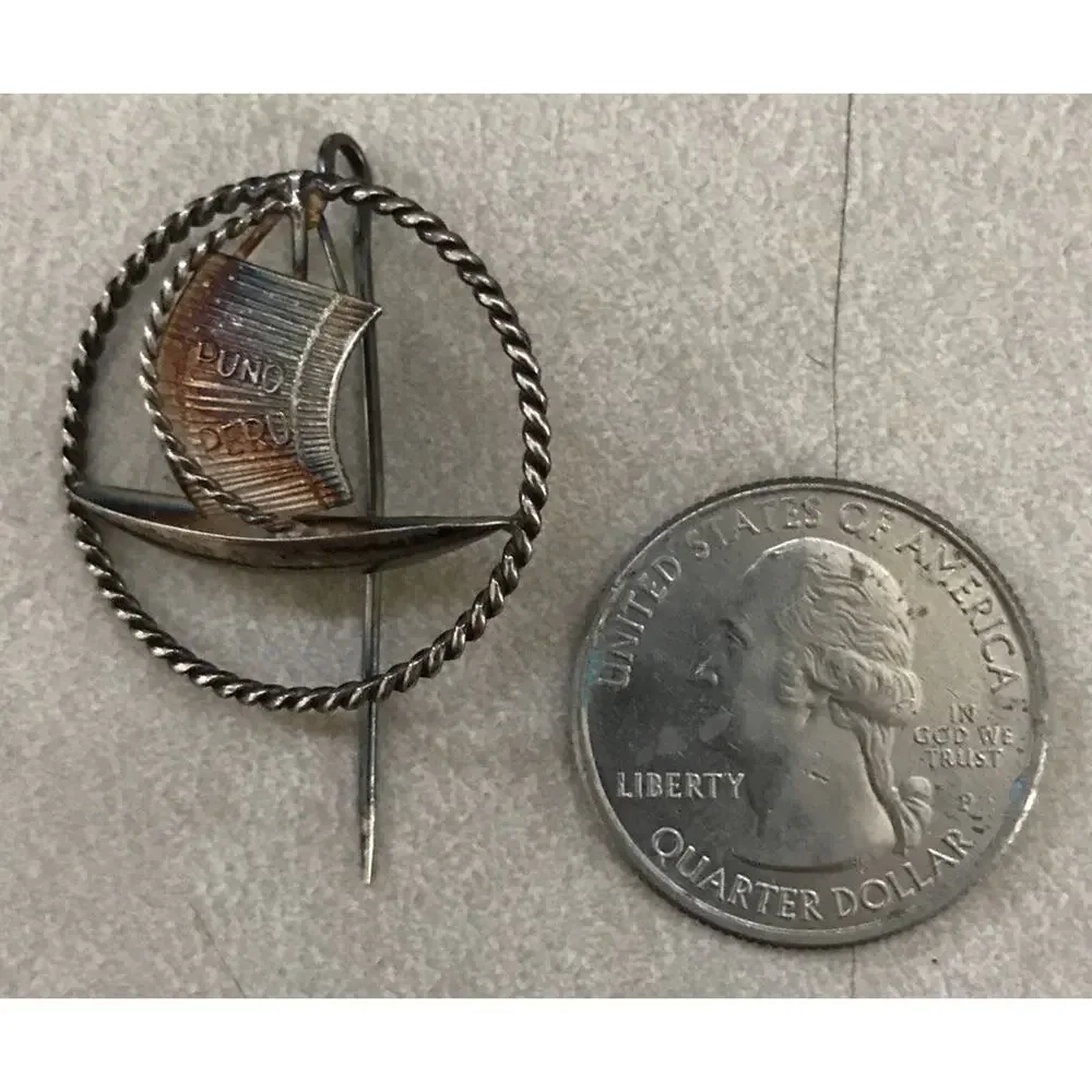 Vintage Silverplate Saga Puno Peru Sailboat Pin Brooch Jewelry Travel Souvenir